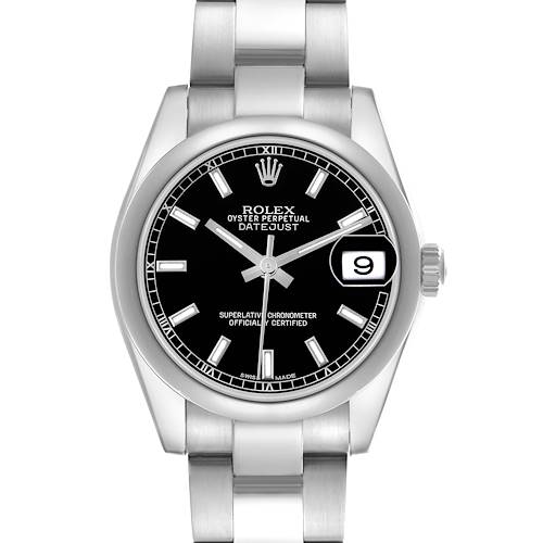 The Rolex Datejust Mid-Size watch is shown in a front view, displaying the bezel, dial, hands, bracelet, and date window.