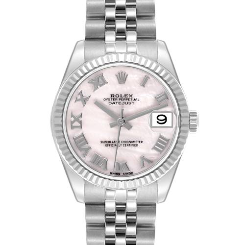 The Rolex Oyster Perpetual Datejust Mid-Size watch is shown from the front, highlighting its dial, bezel, and bracelet.