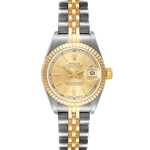 The Rolex Datejust 69173 Women's Steel and Gold (two tone) Champagne Dial 69173 Women's Steel and Gold (two tone) Champagne Dial watch is shown from a straight-on angle, displaying the dial, the fluted bezel, and the two-tone bracelet.