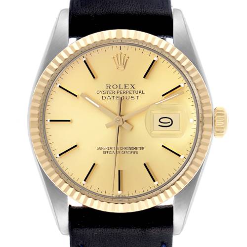 The Rolex Datejust 16013 Men's Steel and Gold (two tone) Champagne Dial 16013 Men's Steel and Gold (two tone) Champagne Dial watch is shown from the front, featuring its dial, fluted bezel, crown, and strap.