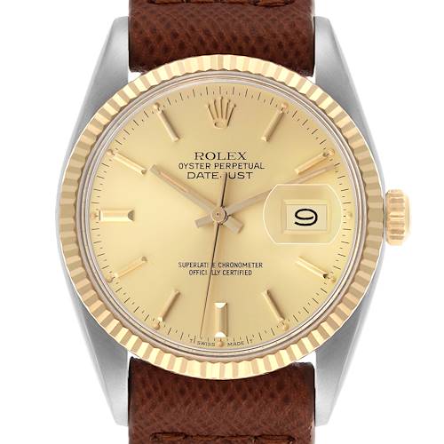 The Rolex Datejust 16013 Men's Steel and Gold (two tone) Champagne Dial 16013 Men's Steel and Gold (two tone) Champagne Dial watch is shown from the front, displaying its dial, hands, bezel, crown, and leather strap.