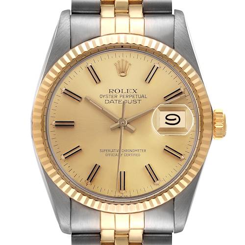 The Rolex Datejust 16013 Men's Steel and Gold (two tone) Champagne Dial 16013 Men's Steel and Gold (two tone) Champagne Dial watch is shown from a front angle, displaying the face, bezel, crown, and part of the bracelet.