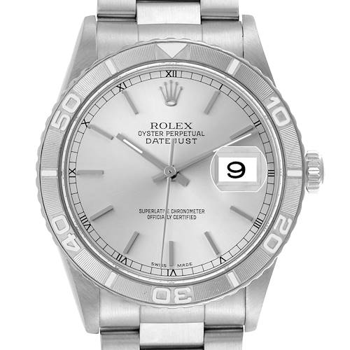 The Rolex Turn-o-Graph 16264 Men's Stainless Steel Silver Dial 16264 Men's Stainless Steel Silver Dial watch is shown from a front angle, highlighting the bezel, dial, and bracelet.