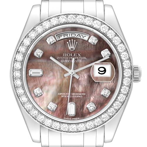 The image shows a Rolex Pearlmaster 18946 Men's Platinum Mother of Pearl Dial 18946 Men's Platinum Mother of Pearl Dial watch face with a diamond-encrusted bezel, day indicator, date window, and metallic bracelet.