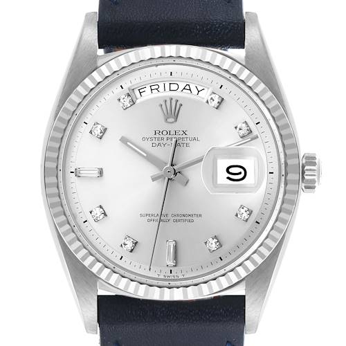 The image shows a front view of the Rolex Day-Date President watch, highlighting the dial, day, date window, and crown.