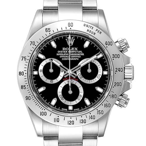 This image shows the front view of a Rolex Daytona 116520 Men's Stainless Steel Black Dial 116520 Men's Stainless Steel Black Dial watch, displaying its dial, bezel, and stainless steel band.