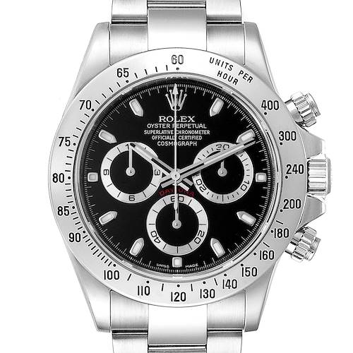The Rolex Daytona 116520 Men's Stainless Steel Black Dial 116520 Men's Stainless Steel Black Dial watch is shown from a front angle, highlighting its black dial, sub-dials, and stainless steel case and bracelet.