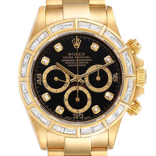 The image shows a front view of a Rolex Daytona 16568 Men's Yellow Gold Black Dial 16568 Men's Yellow Gold Black Dial watch, highlighting the dial, bezel, and part of the bracelet.