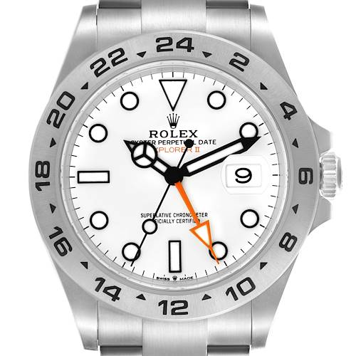 The Rolex Explorer 226570 Men's Stainless Steel White Dial 226570 Men's Stainless Steel White Dial watch is shown from the front, displaying its face, bezel, hands, and partial bracelet.