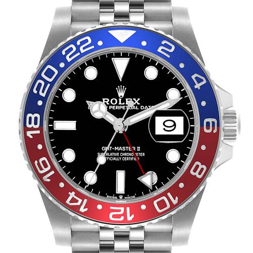 The Rolex GMT-Master 126710BLRO Men's Stainless Steel Black Dial 126710BLRO Men's Stainless Steel Black Dial II watch is shown from the front, highlighting its "Pepsi" bezel, dial, and bracelet.