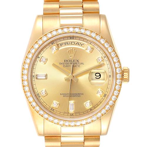 The image shows a frontal view of a Rolex President 118348 Men's Yellow Gold Mother of Pearl Dial 118348 Men's Yellow Gold Mother of Pearl Dial model watch, highlighting its gold case, diamond bezel, and day-date display.