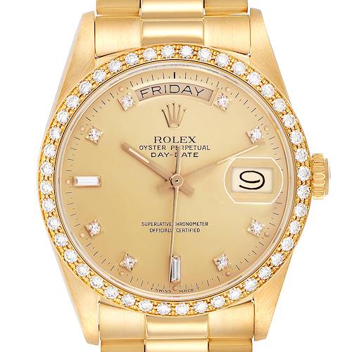 The Rolex President 18048 Men's Yellow Gold Champagne Dial 18048 Men's Yellow Gold Champagne Dial model is shown from a front angle, highlighting its dial, diamond bezel, and bracelet.