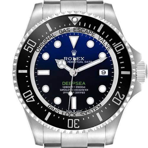 The Rolex Sea-Dweller 136660 Men's Stainless Steel Blue Dial 136660 Men's Stainless Steel Blue Dial watch is shown from a front view, highlighting the dial, bezel, and part of the bracelet.