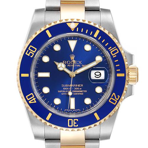 The image shows a front view of a Rolex Submariner 116613 Men's Stainless Steel Blue Dial 116613 Men's Stainless Steel Blue Dial watch, highlighting its blue dial, bezel, crown, and part of the two-tone bracelet.