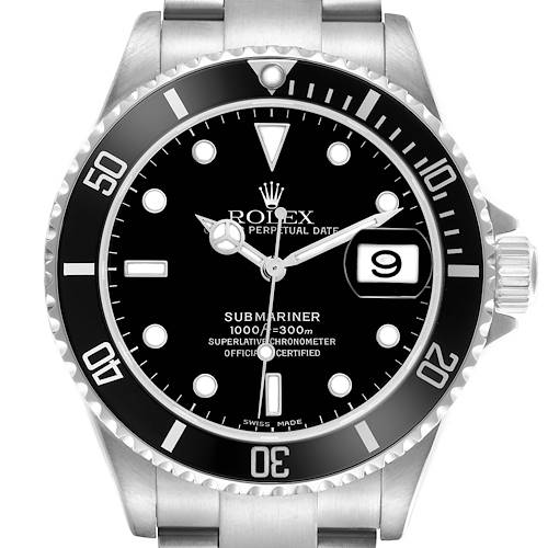 The Rolex Submariner 16610 Men's Stainless Steel Black Dial 16610 Men's Stainless Steel Black Dial is shown from the front, highlighting the black dial, bezel, crown, and part of the bracelet.