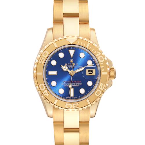 The image shows a Rolex Yacht-Master 69628 Women's Yellow Gold Blue Dial 69628 Women's Yellow Gold Blue Dial watch from a straight-on angle, highlighting the blue dial, gold bezel, and bracelet.