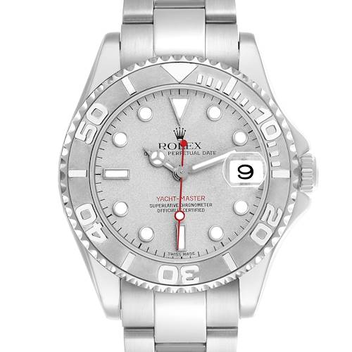 The Rolex Yacht-Master 168622 Men's Stainless Steel Silver Dial 168622 Men's Stainless Steel Silver Dial is shown from the front, highlighting the dial, bezel, crown, and part of the bracelet.