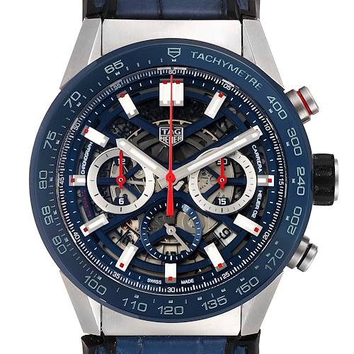 The image shows a front view of a Tag Heuer Carrera CBG2A11.FC6460 Men's Stainless Steel Blue Dial CBG2A11.FC6460 Men's Stainless Steel Blue Dial watch, highlighting its detailed dial and tachymeter scale.