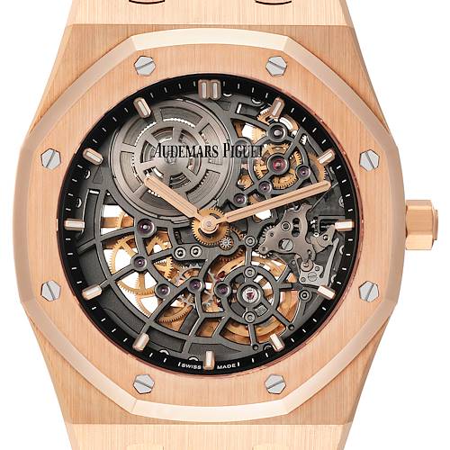 This image shows a close-up, front angle of a Royal Oak model watch by Audemars Piguet, displaying its intricate skeleton dial and exposed mechanisms.