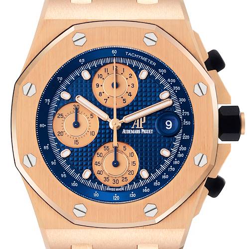 The image shows a frontal view of an Audemars Piguet Royal Oak Offshore 26238OR.OO.2000OR.01 Men's Rose Gold Blue Dial 26238OR.OO.2000OR.01 Men's Rose Gold Blue Dial watch, highlighting the dial, subdials, and tachymeter.