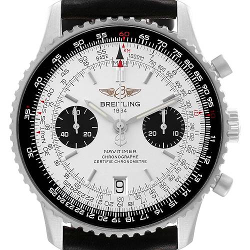 The image shows a frontal view of a Breitling Navitimer A23330 Men's Stainless Steel Silver Dial A23330 Men's Stainless Steel Silver Dial watch, highlighting the dial, bezel, subdials, and crown.