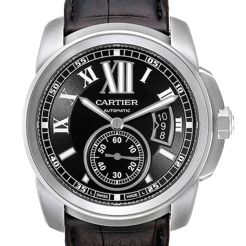 This image shows a front view of the Calibre de Cartier watch by Cartier, highlighting the dial, hands, date window, and leather strap.