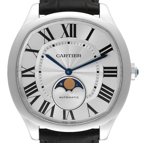 This image shows a frontal view of a Drive de Cartier watch by Cartier, featuring Roman numerals and a moon phase indicator.