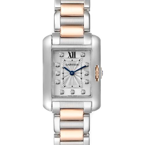 The image shows a front view of the Cartier Tank Anglaise WT100024 Women's Steel and Gold (two tone) Silver Dial WT100024 Women's Steel and Gold (two tone) Silver Dial watch, including its face, case, and part of the bracelet.