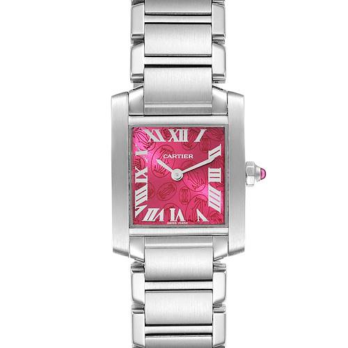 This image shows a front view of a Cartier Tank Francaise W51030Q3 Women's Stainless Steel White Dial W51030Q3 Women's Stainless Steel White Dial watch, highlighting its pink dial, Roman numerals, and stainless steel bracelet.