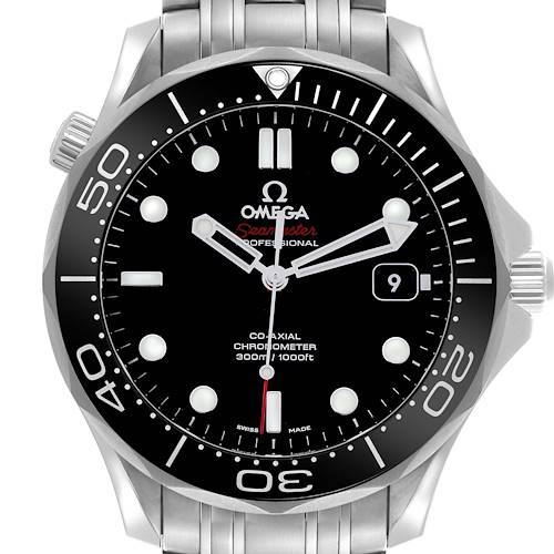 The Omega Seamaster 212.30.41.20.01.003 Men's Stainless Steel Black Dial 212.30.41.20.01.003 Men's Stainless Steel Black Dial watch is shown from the front, highlighting the face, bezel, and part of the bracelet.