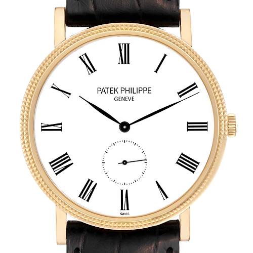 The image shows a front view of the Patek Philippe Calatrava 5119J Men's Yellow Gold White Dial 5119J Men's Yellow Gold White Dial watch, highlighting its dial, hands, and leather strap.