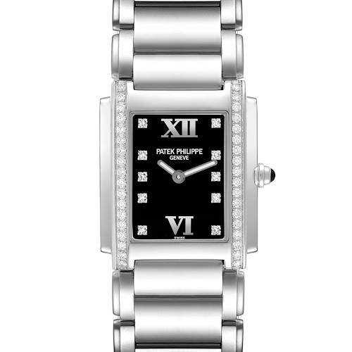 The Patek Philippe Twenty-4 4910 Women's Stainless Steel Black Dial 4910 Women's Stainless Steel Black Dial watch is shown from the front, featuring its face, bracelet, and diamond-set bezel.
