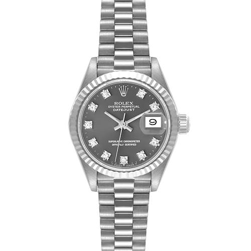 The Rolex President 69179 Women's White Gold Grey Dial 69179 Women's White Gold Grey Dial model watch is shown from a front angle, displaying its face, bezel, bracelet, and date window.