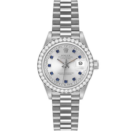 This image shows a frontal view of a Rolex President 69139 Women's White Gold Silver Dial 69139 Women's White Gold Silver Dial model watch, highlighting its face, bezel, and bracelet.