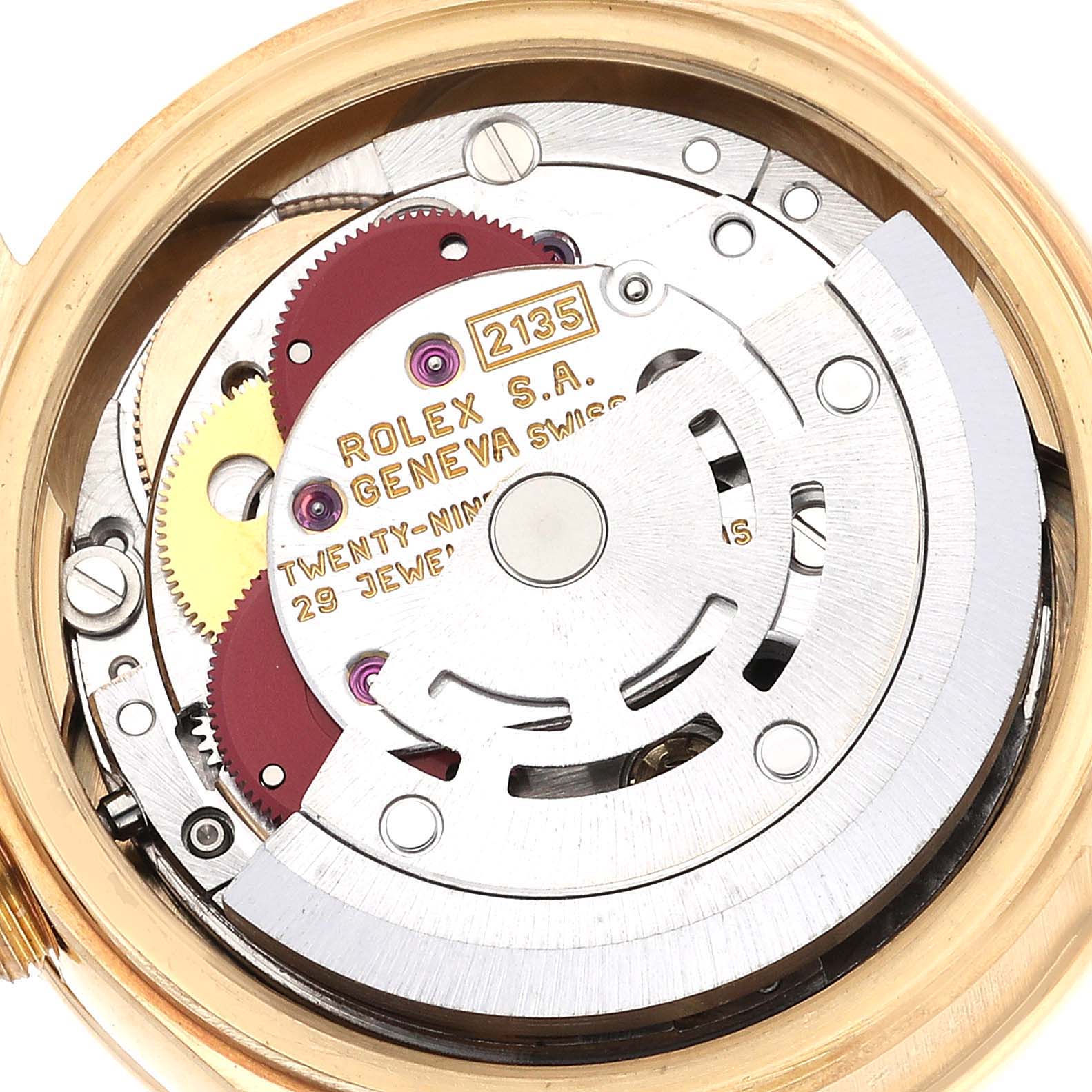 This image shows a close-up view of the movement mechanism of a Rolex President 69138 Women's Yellow Gold Black Dial 69138 Women's Yellow Gold Black Dial model watch.
