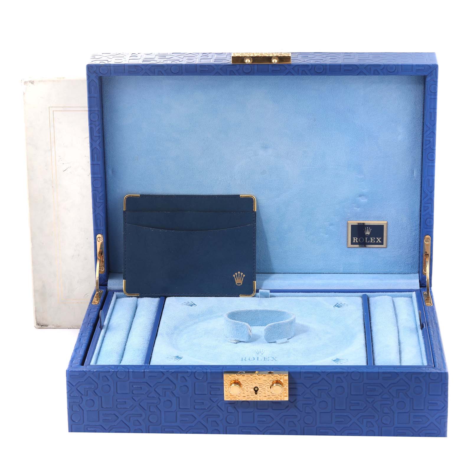 The image shows the interior of a Rolex President 69138 Women's Yellow Gold Black Dial 69138 Women's Yellow Gold Black Dial model box with compartments for the watch and accessories.