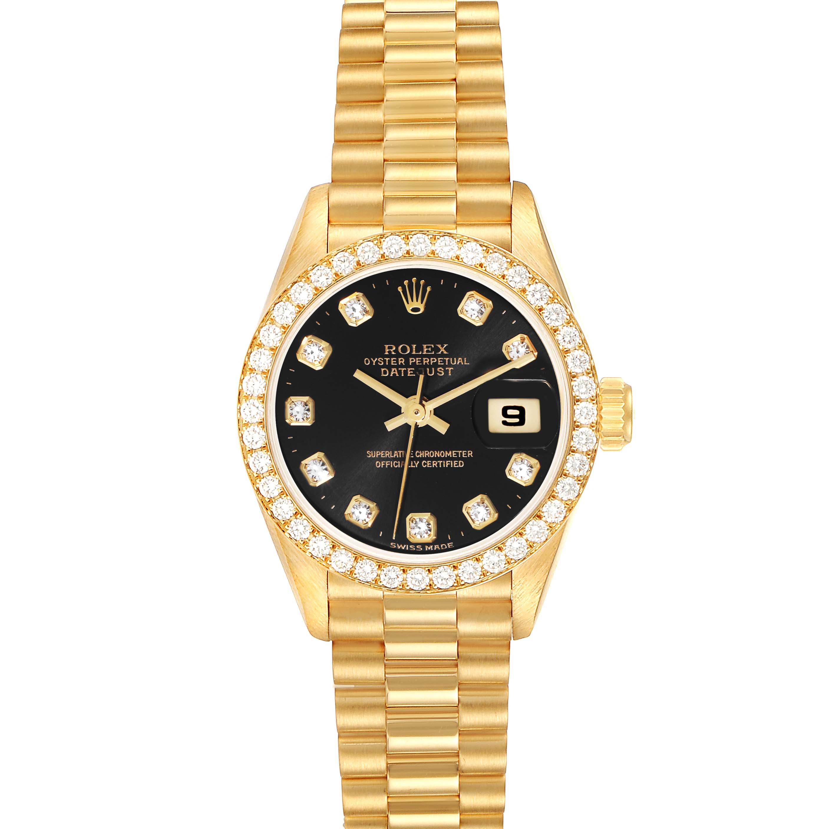 The Rolex President 69138 Women's Yellow Gold Black Dial 69138 Women's Yellow Gold Black Dial model is shown from the front, detailing its gold bracelet, diamond bezel, black dial, and date display.