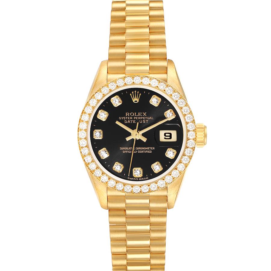 The Rolex President 69138 Women's Yellow Gold Black Dial 69138 Women's Yellow Gold Black Dial model is shown from the front, detailing its gold bracelet, diamond bezel, black dial, and date display.