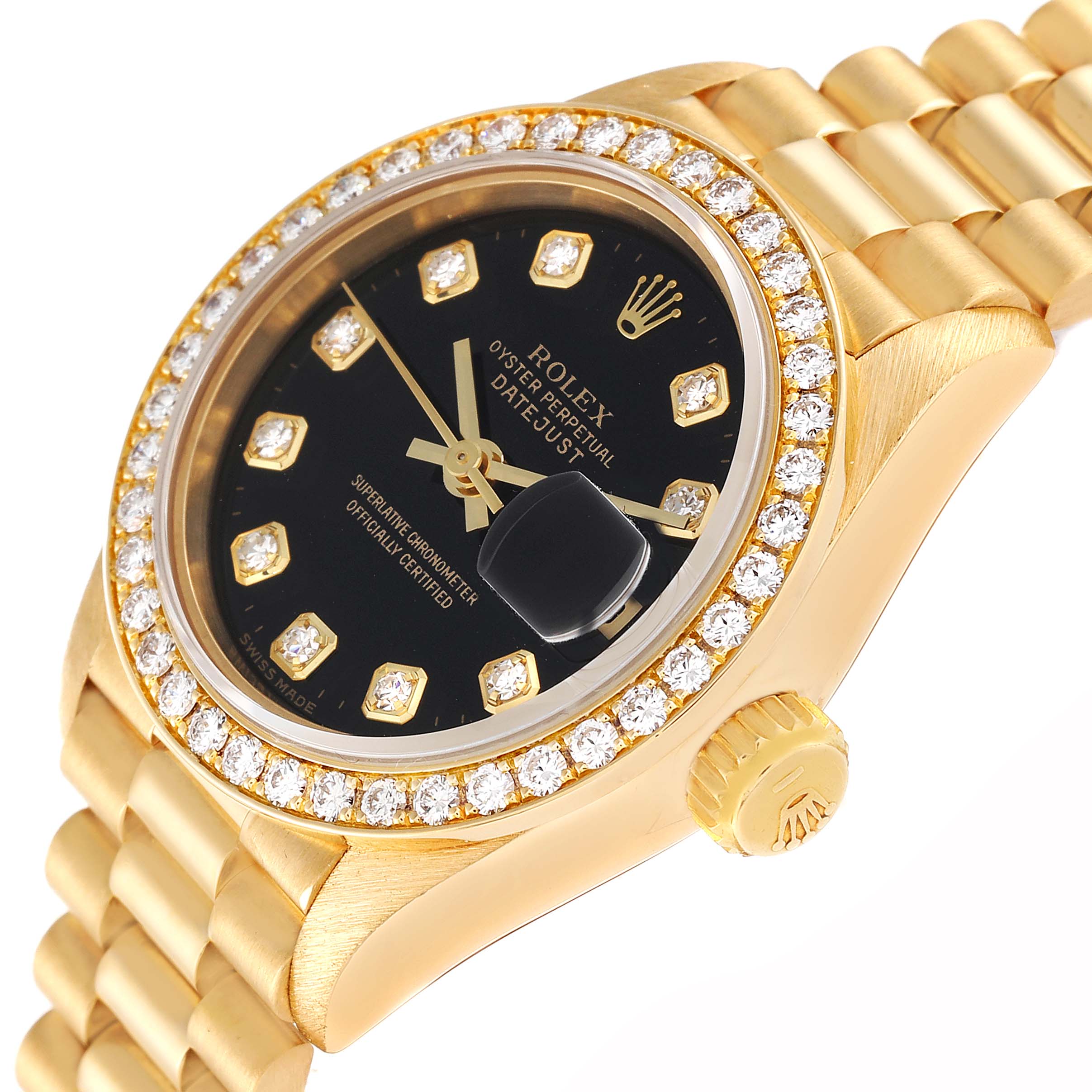 The Rolex President 69138 Women's Yellow Gold Black Dial 69138 Women's Yellow Gold Black Dial model is shown at a slight angle, highlighting the face, bezel, crown, and part of the bracelet.