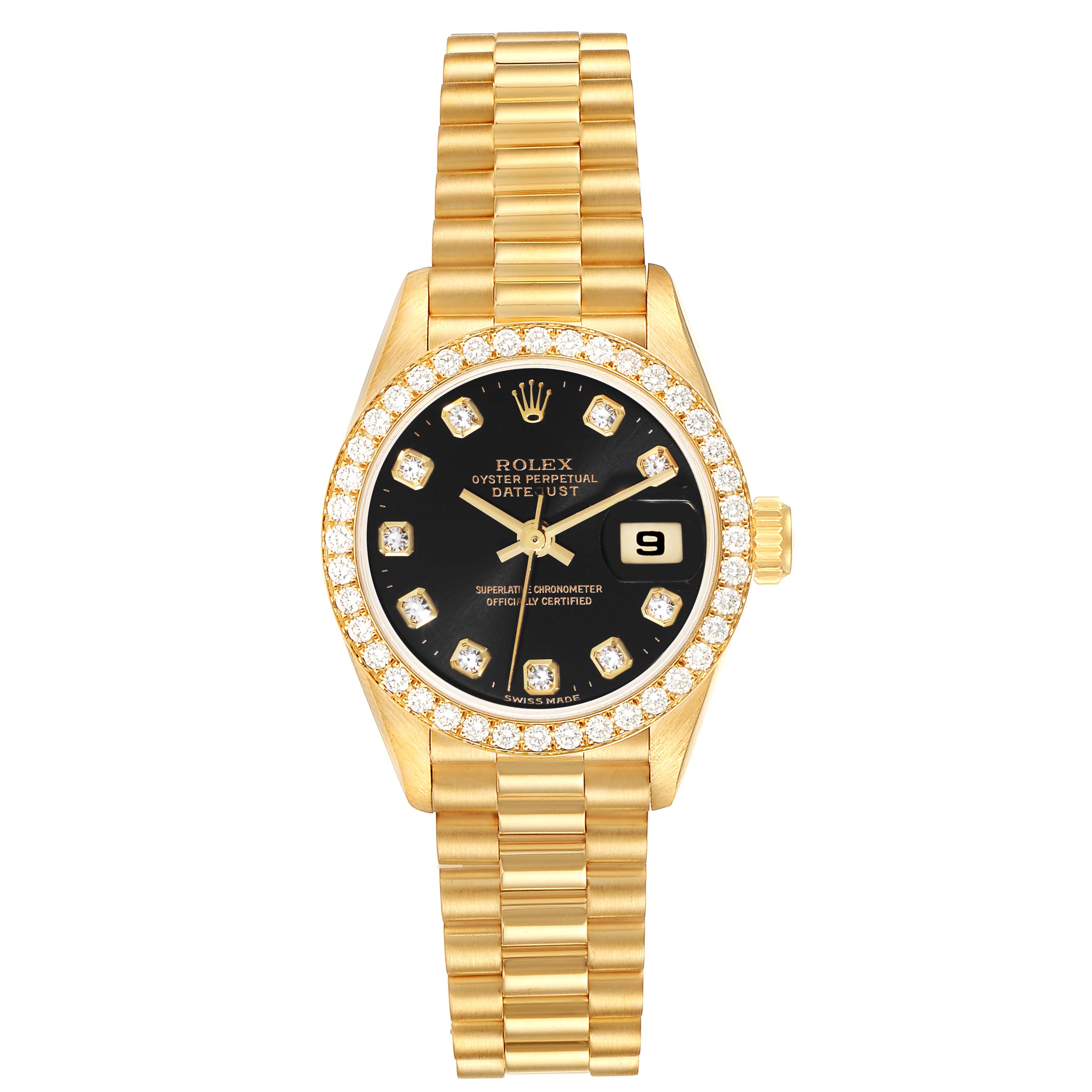 The image shows a Rolex President 69138 Women's Yellow Gold Black Dial 69138 Women's Yellow Gold Black Dial model watch from a top-down angle, highlighting its gold bracelet, black dial, and diamond-accented bezel.