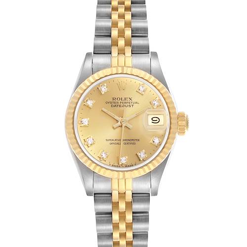 The Rolex Datejust 69173 Women's Steel and Gold (two tone) Champagne Dial 69173 Women's Steel and Gold (two tone) Champagne Dial watch is shown from a top-down angle, displaying the dial, bracelet, and bezel.