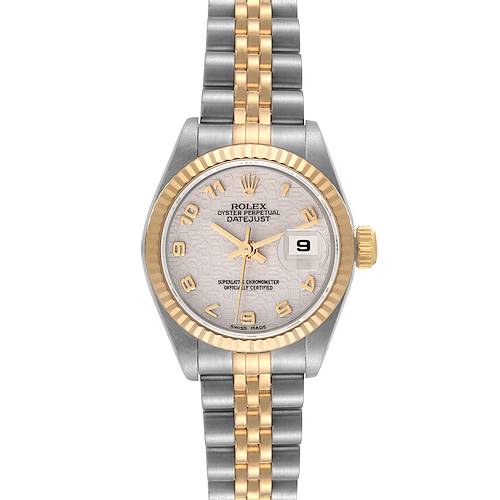 The image shows a front view of the Rolex Datejust 79173 Women's Steel and Gold (two tone) Beige Dial 79173 Women's Steel and Gold (two tone) Beige Dial watch, displaying its face, bezel, crown, and two-tone bracelet.