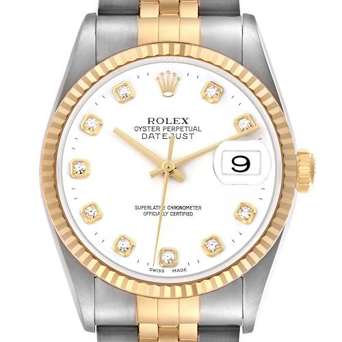 The Rolex Datejust 16233 Men's Steel and Gold (two tone) White Dial 16233 Men's Steel and Gold (two tone) White Dial watch is shown from a front angle, highlighting the dial, bezel, and partial bracelet.