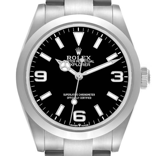 The Rolex Explorer 224270 Men's Stainless Steel Black Dial 224270 Men's Stainless Steel Black Dial watch is shown from a front angle, displaying the black dial, hour markers, hands, and part of the bracelet.