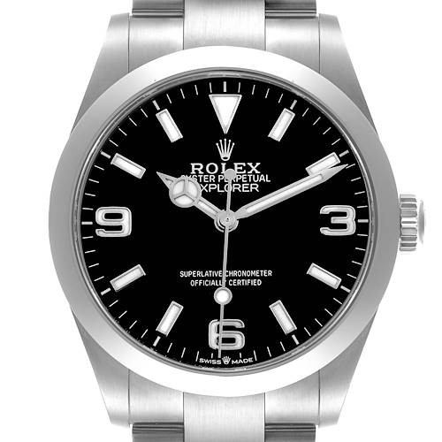 The Rolex Explorer 224270 Men's Stainless Steel Black Dial 224270 Men's Stainless Steel Black Dial watch is shown from a front angle, displaying its face, bezel, crown, and part of the bracelet.