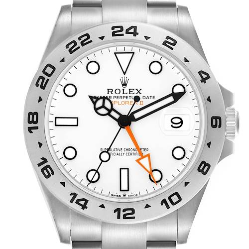 The Rolex Explorer 226570 Men's Stainless Steel White Dial 226570 Men's Stainless Steel White Dial model is shown from the front, displaying the dial, bezel, case, and partially the bracelet.