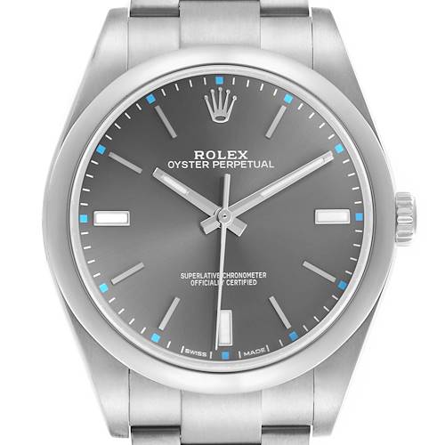 The Rolex Oyster Perpetual 114300 Men's Stainless Steel Grey Dial 114300 Men's Stainless Steel Grey Dial watch is shown from the front, displaying the dial, hands, markers, and part of the bracelet.