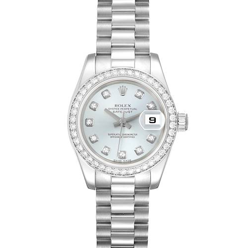 The Rolex President 179136 Women's Platinum Blue Dial 179136 Women's Platinum Blue Dial model is shown from a top-down angle, highlighting the bracelet, bezel, dial, and date function.