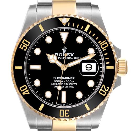 This image shows a frontal view of a Rolex Submariner M126613LN-0002 Men's Steel and Gold (two tone) Black Dial M126613LN-0002 Men's Steel and Gold (two tone) Black Dial watch, highlighting its dial, bezel, hands, and bracelet.