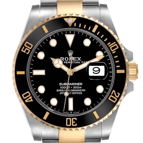 This image shows a frontal view of the Rolex Submariner M126613LN-0002 Men's Steel and Gold (two tone) Black Dial M126613LN-0002 Men's Steel and Gold (two tone) Black Dial watch, highlighting its dial, bezel, and bracelet.